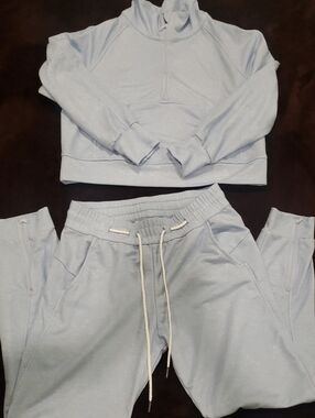Lucky In Love Light Shimmery Blue  Half-Zip Sweatshirt & Drawstring Joggers Set